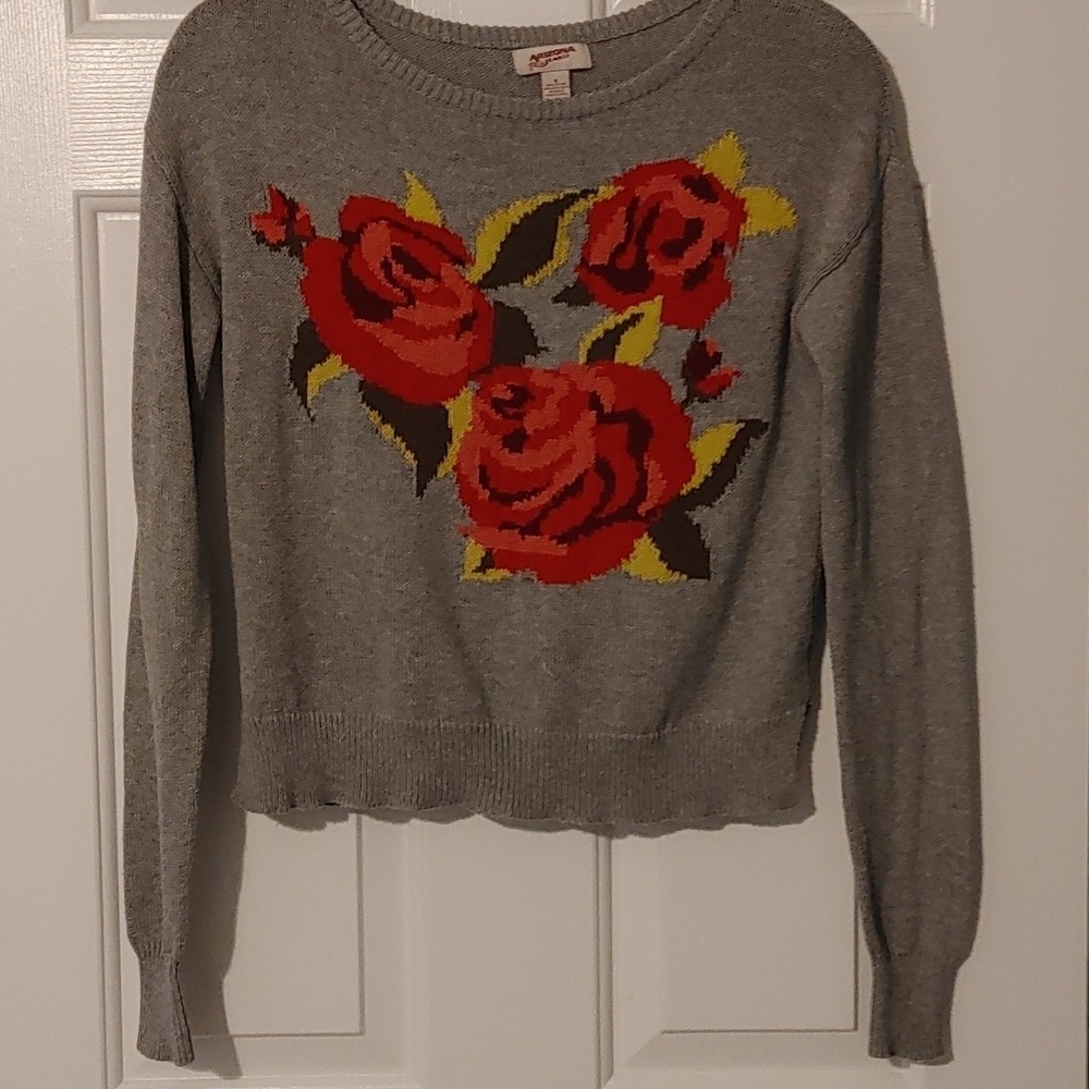 👗Cropped Knit Sweater Women's Size Small Roses on Gray Y2K Rosette